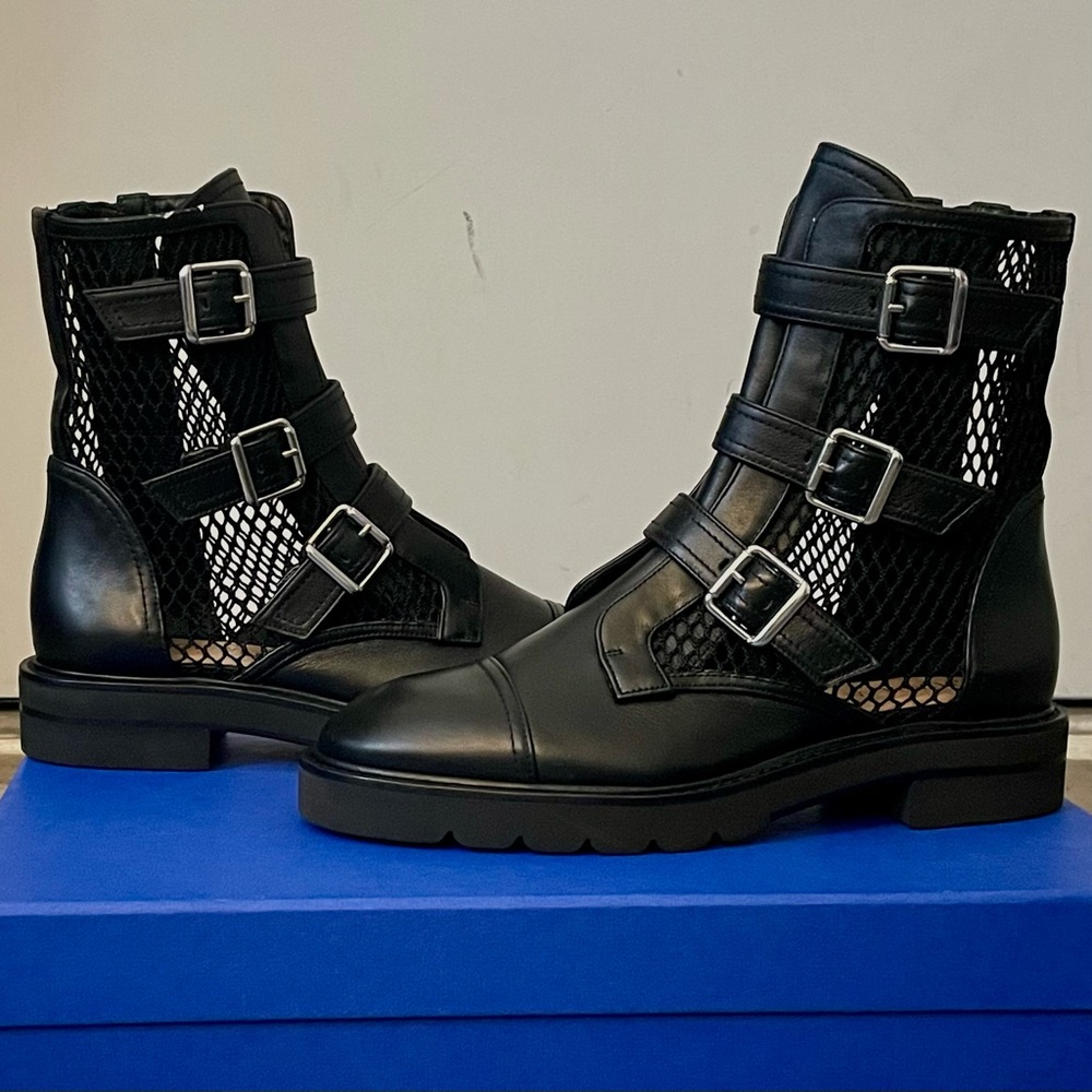 super cool leather biker boots with mesh detail